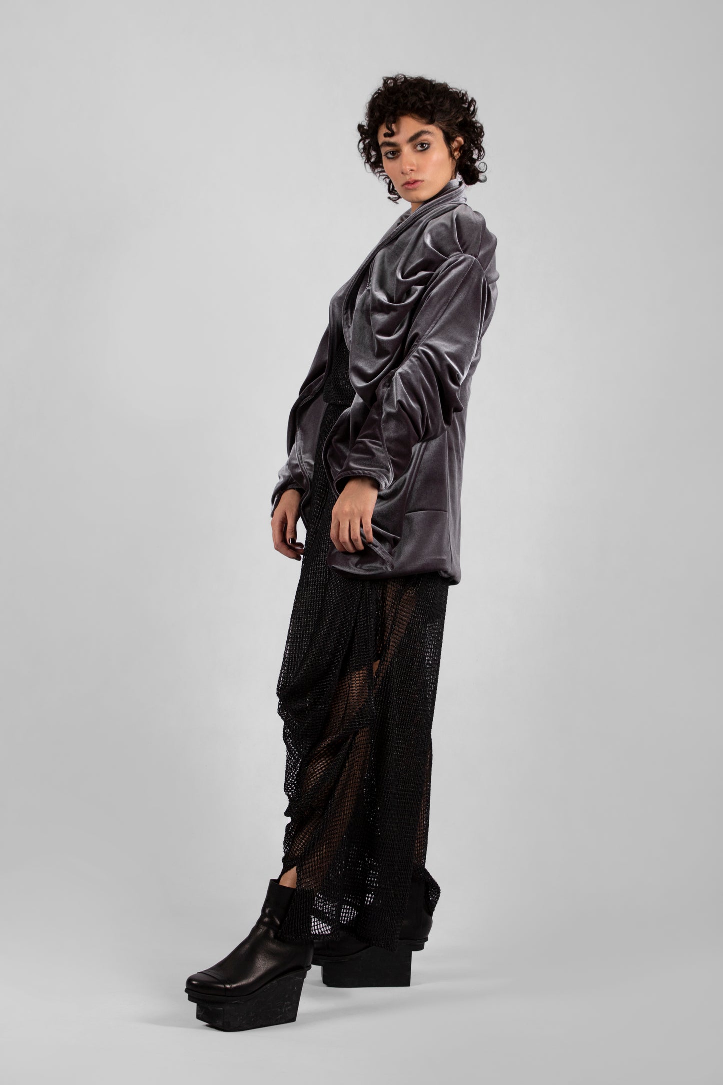 Spiral Drape Coat - Silver Velvet
