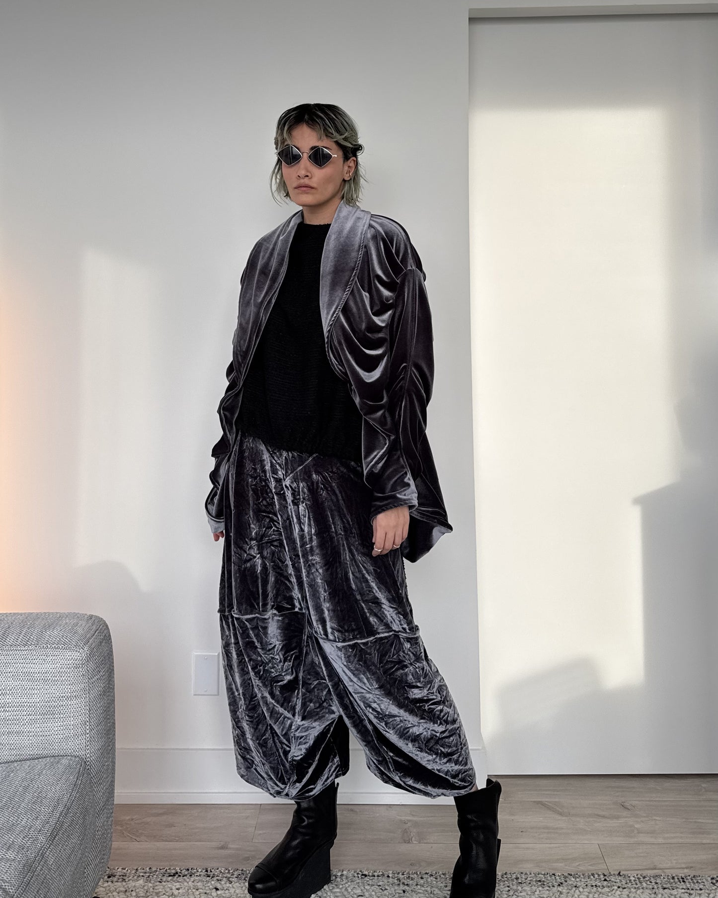 Spiral Drape Coat - Silver Velvet