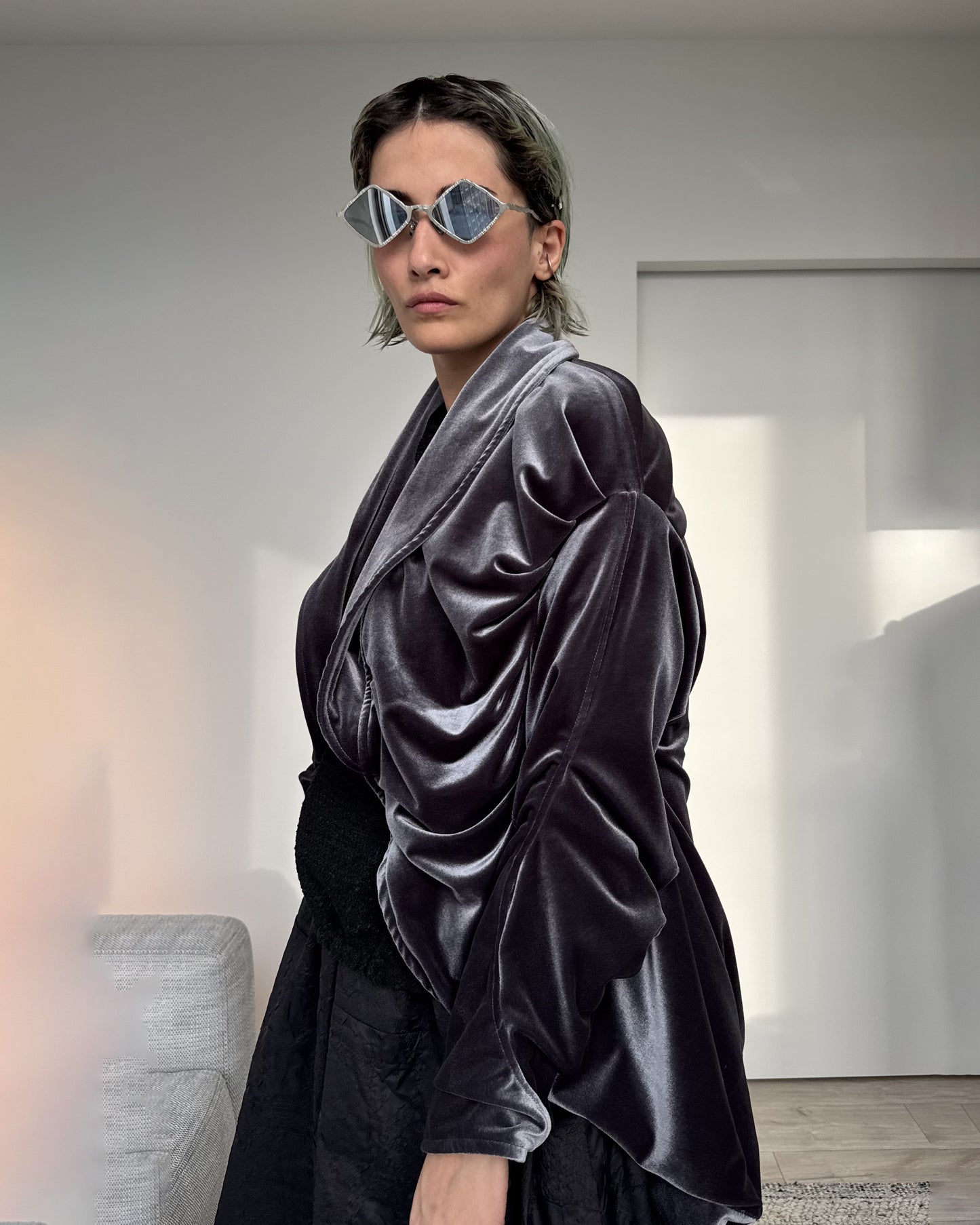 Spiral Drape Coat - Silver Velvet