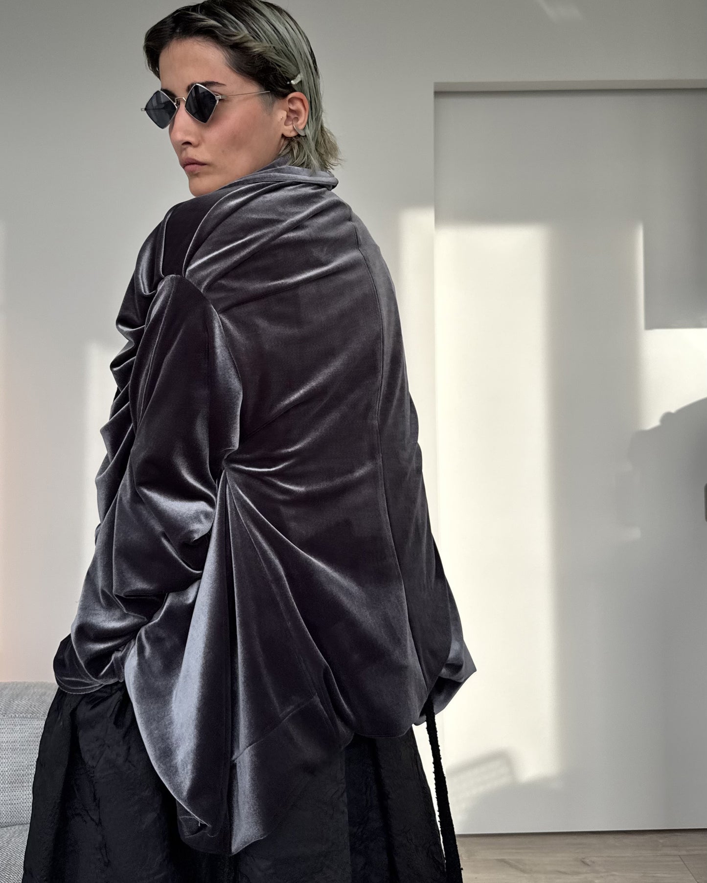 Spiral Drape Coat - Silver Velvet