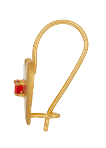 Pair of 18k gold vermeil drop earrings set with red faceted glass stones.