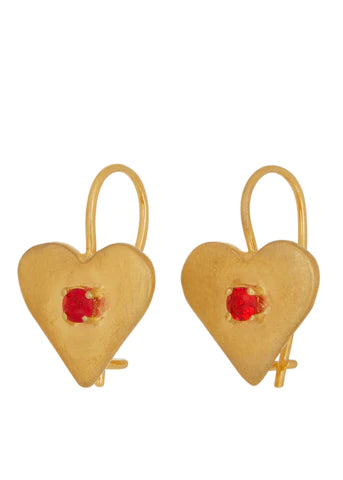 Pair of 18k gold vermeil drop earrings set with red faceted glass stones.