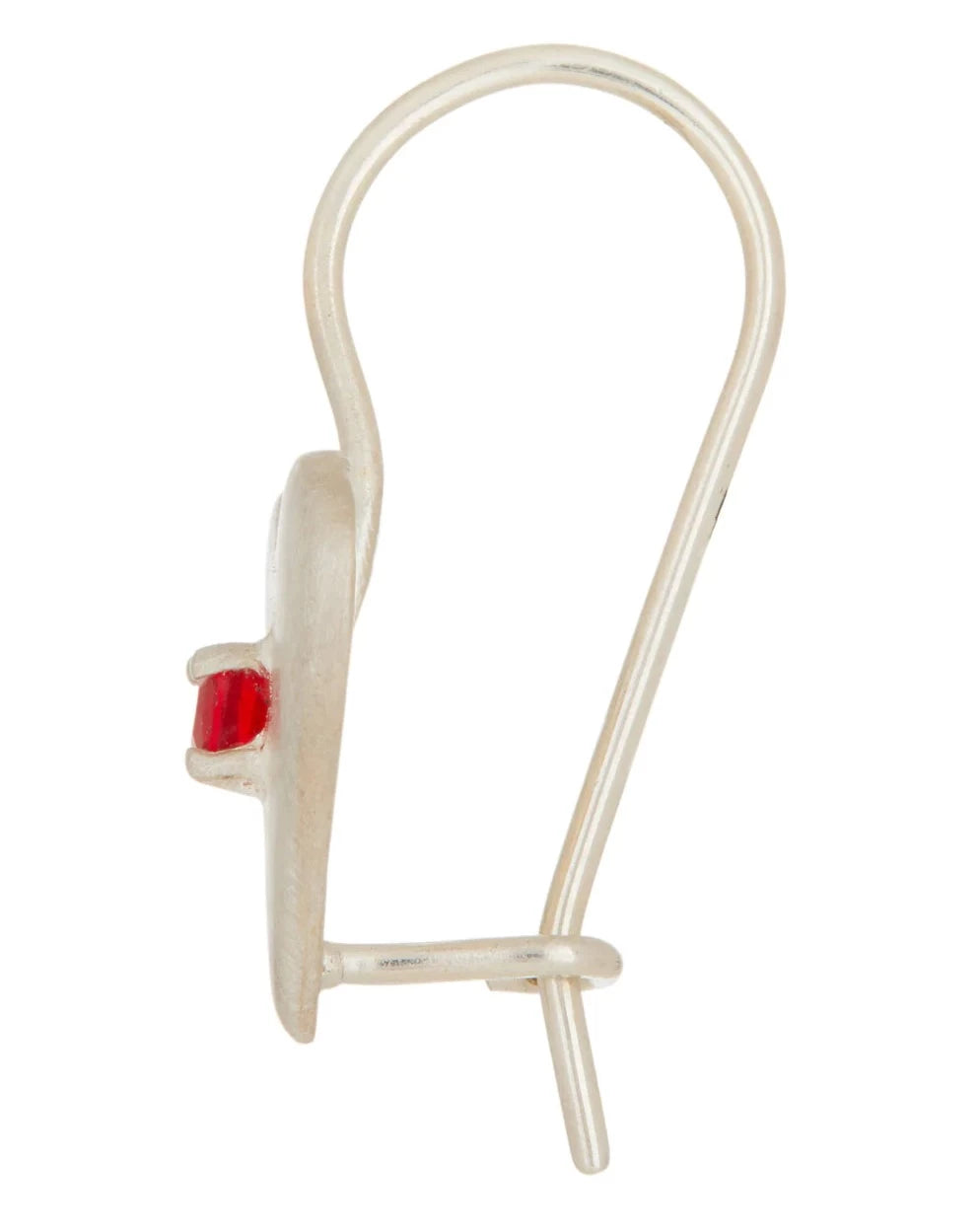 Mondo Mondo heart shaped wire drop earring in sterling silver with red glass faceted gem in center of each heart
