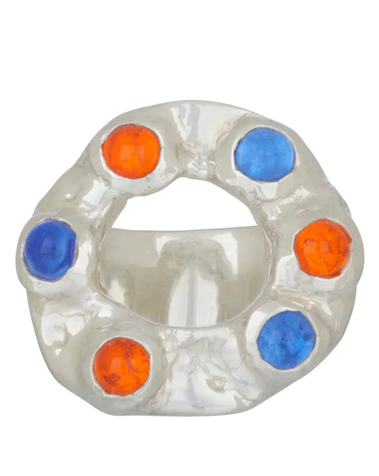 Sterling Silver ring set blue and hyacinth glass cabochons.