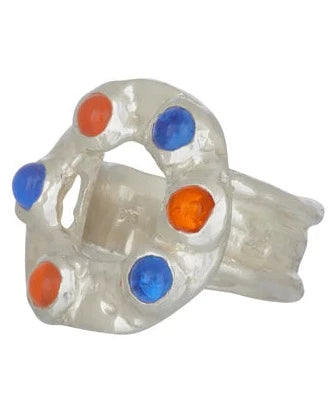Sterling Silver ring set blue and hyacinth glass cabochons.