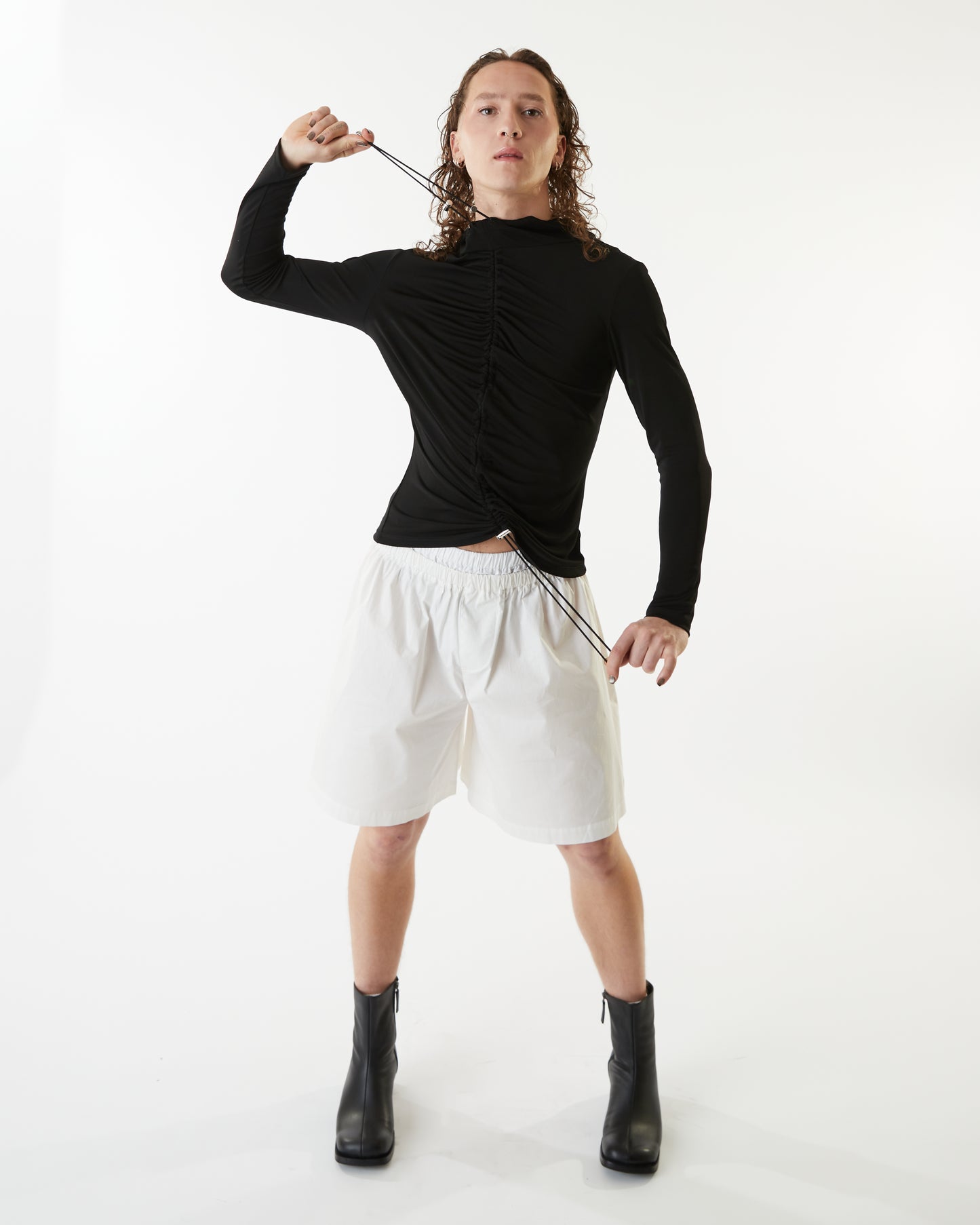 Hooded Gathered Top - Black