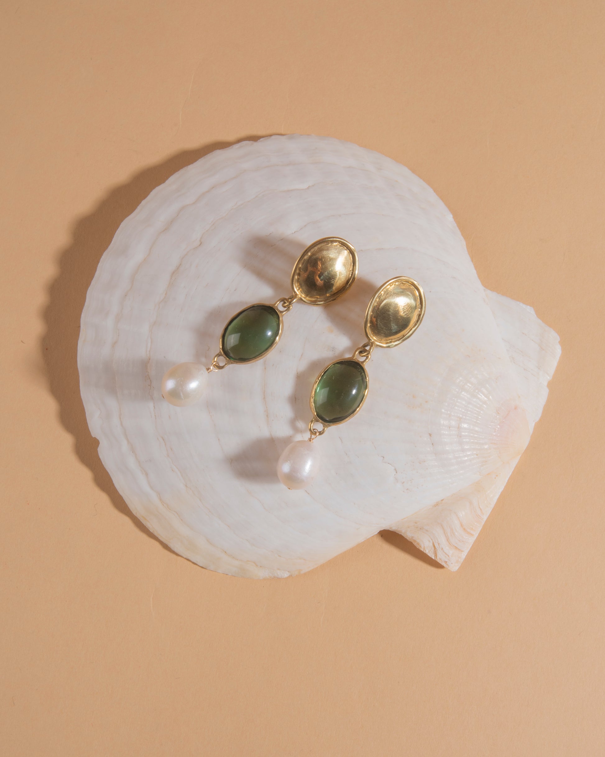 MONDO MONDO Sirena Earrings Pair of brass drop earrings with green glass stones and baroque pearls