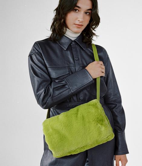 CLYDE Muff Bag in Moss Faux Fur. Available at EASE Toronto.