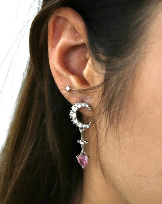 Pinky Diamond Star and Moon Earrings