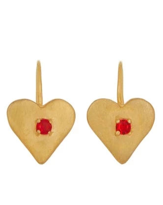 Pair of 18k gold vermeil drop earrings set with red faceted glass stones.