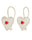 Mondo Mondo heart shaped wire drop earring in sterling silver with red glass faceted gem in center of each heart