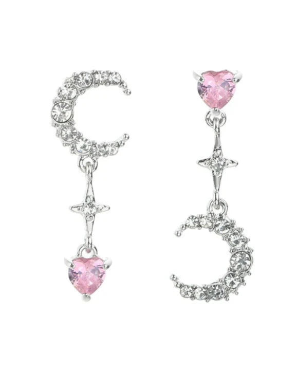 Pinky Diamond Star and Moon Earrings