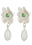 Pair of white bronze-plated earrings with a cultured pearl hanging from a flower, set with a green glass stone.
