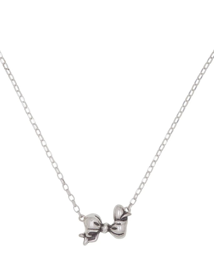 Sterling silver mini bow pendant on a rolo chain with spring clasp.