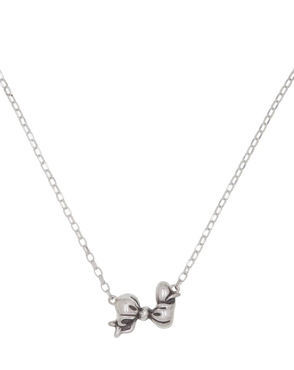 Sterling silver mini bow pendant on a rolo chain with spring clasp.
