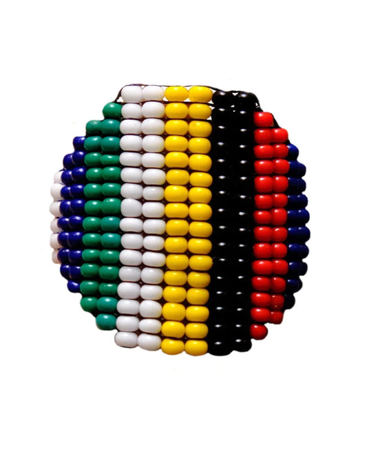 Fully beaded ring with striped rows of blue green white yellow black and red