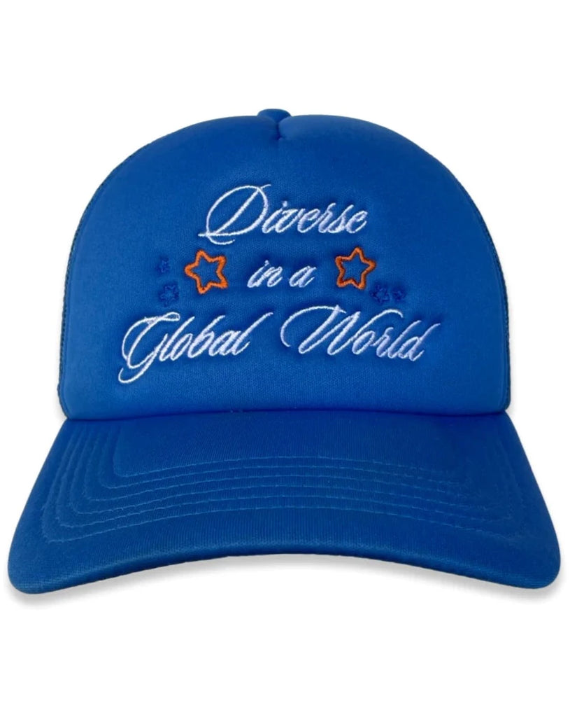 Hot Pot Variety "Diverse in a Global World" embroidered blue trucket hat with orange stars