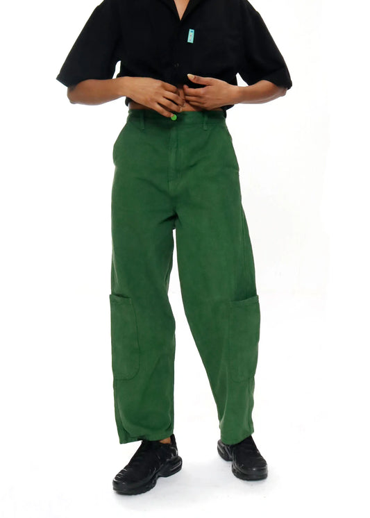 Green straight leg pant with large pockets below knee, two side pockets at hip, button closure, zipper fly, and belt loops