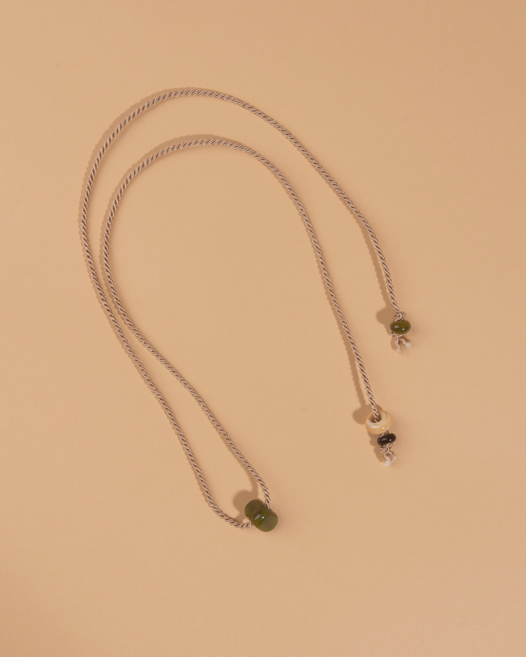 Glass Bead and Rope Necklace –  Sap Green Taupe Mix