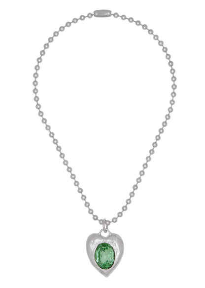 Silver-tone heart necklace set with clear glass stone on ball chain.