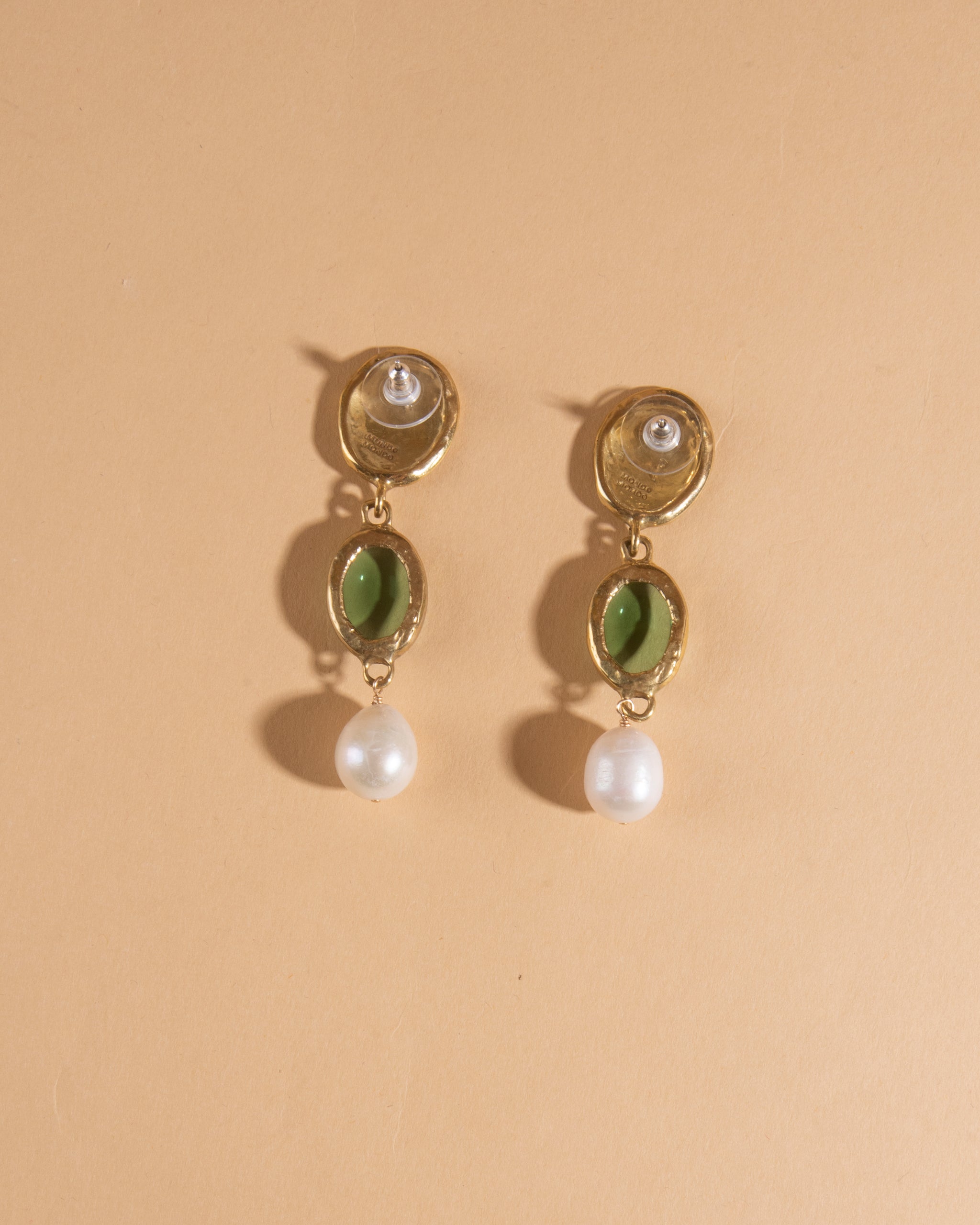 MONDO MONDO Sirena Earrings Pair of brass drop earrings with green glass stones and baroque pearls