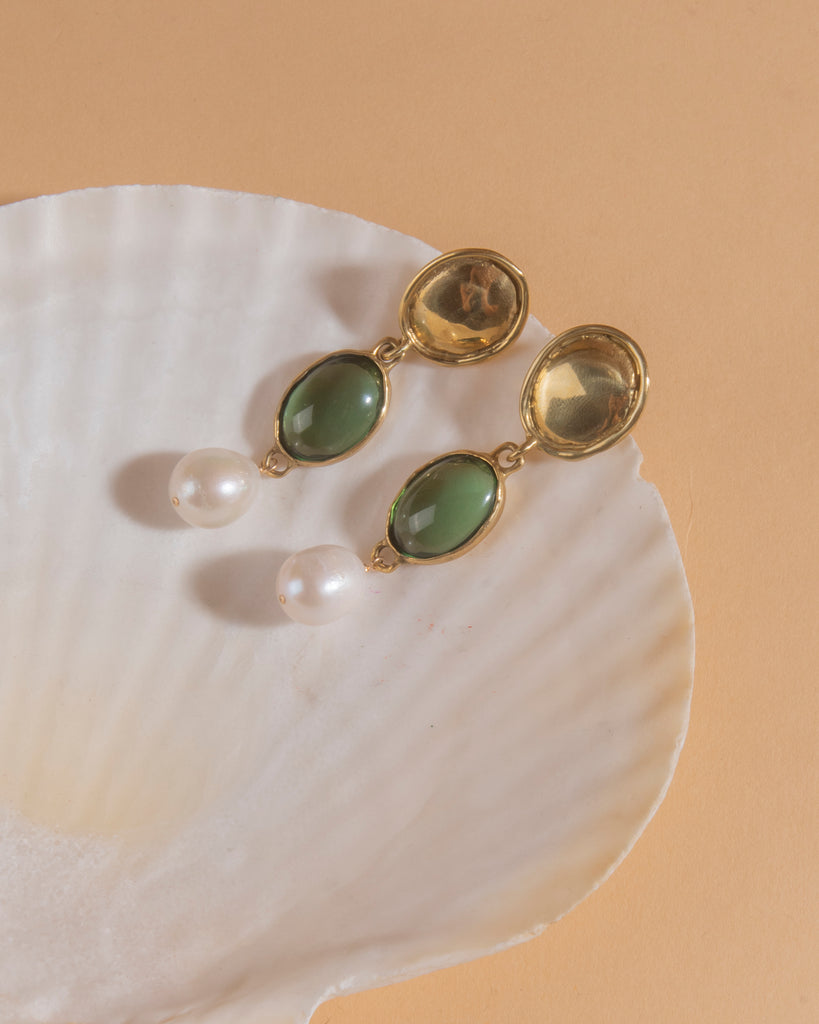 MONDO MONDO Sirena Earrings Pair of brass drop earrings with green glass stones and baroque pearls