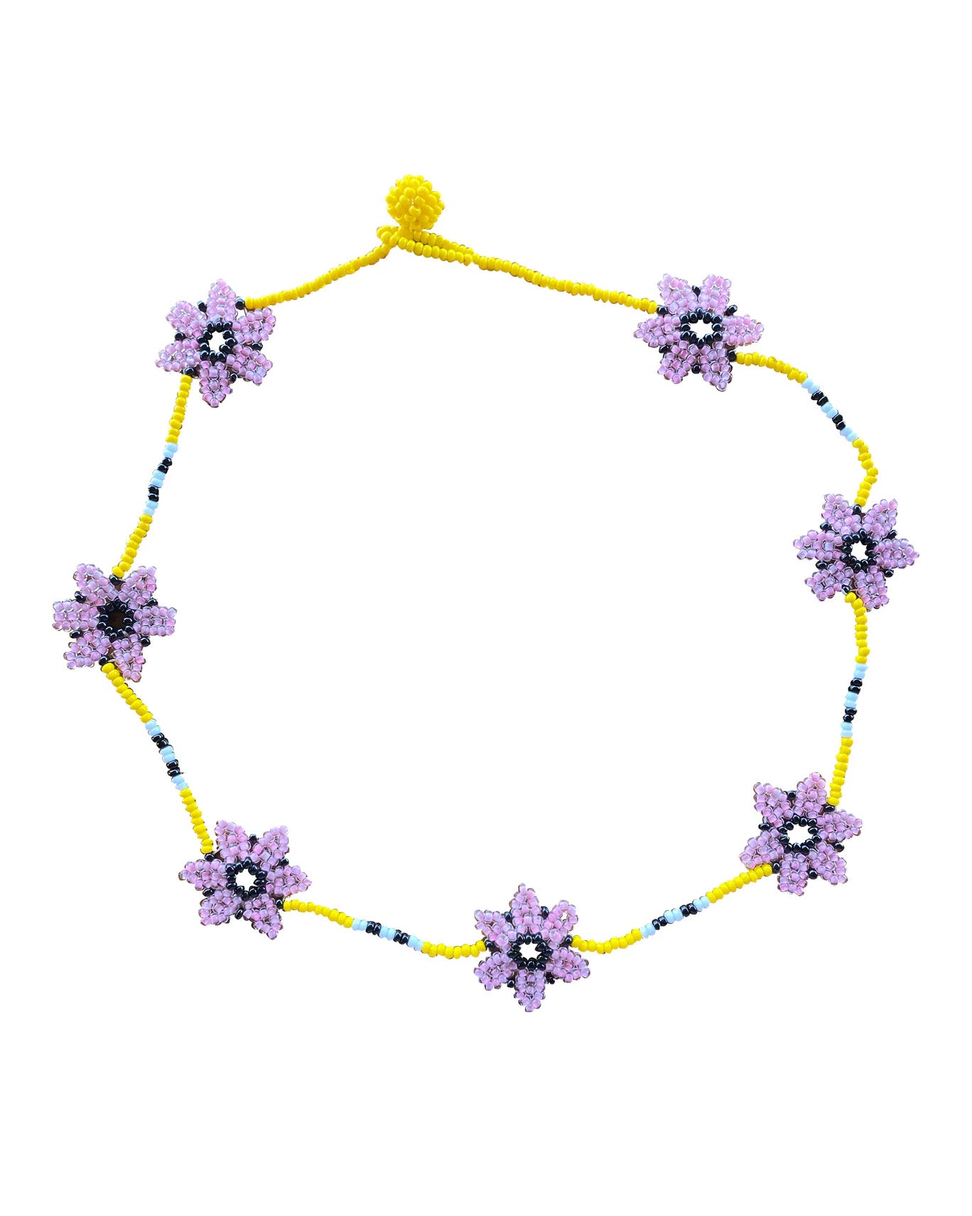 Fully beaded necklace with yellow beaded chain with light and dark blue accents and 7 lavender beaded flowers weaved throughout