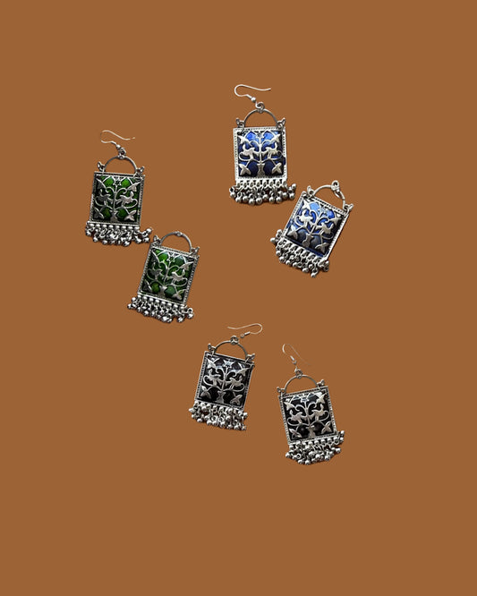 North Pakistan Enamel and Silver Earrings - Blue