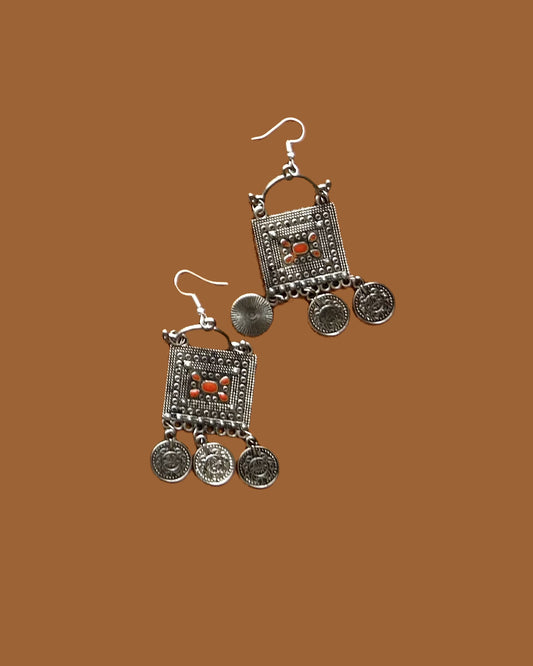 North Pakistan- Silver Square Coral Center Earrings