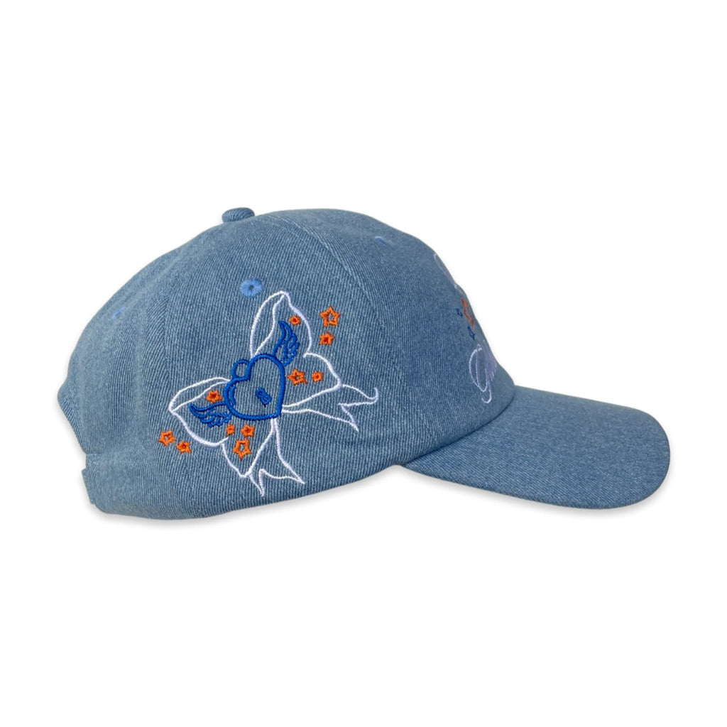 Blue Denim Ball Cap with "Diverse in a global world" embroidered text and orange stars