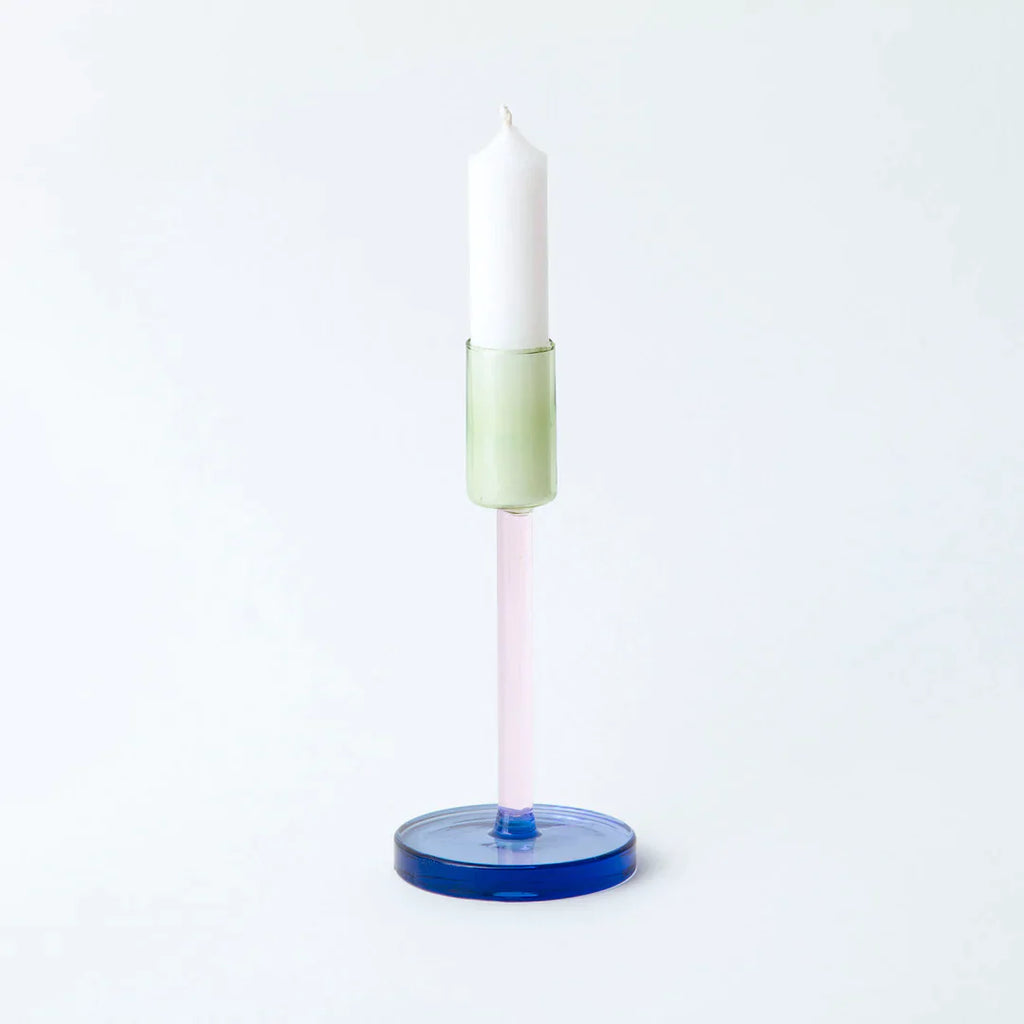 Tall Glass Candlestick Holder – Pink / Green