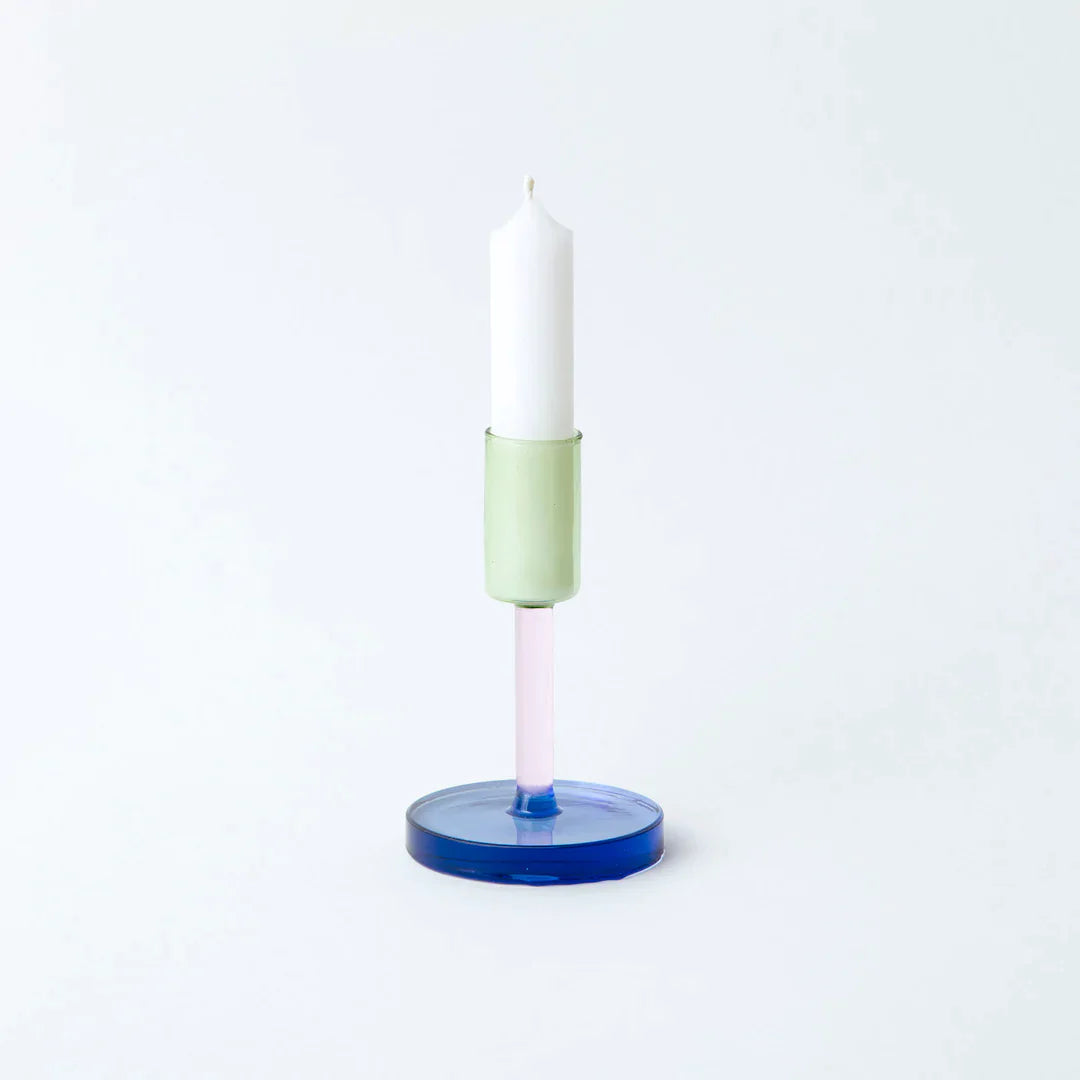 Medium Glass Candlestick Holder – Pink / Green