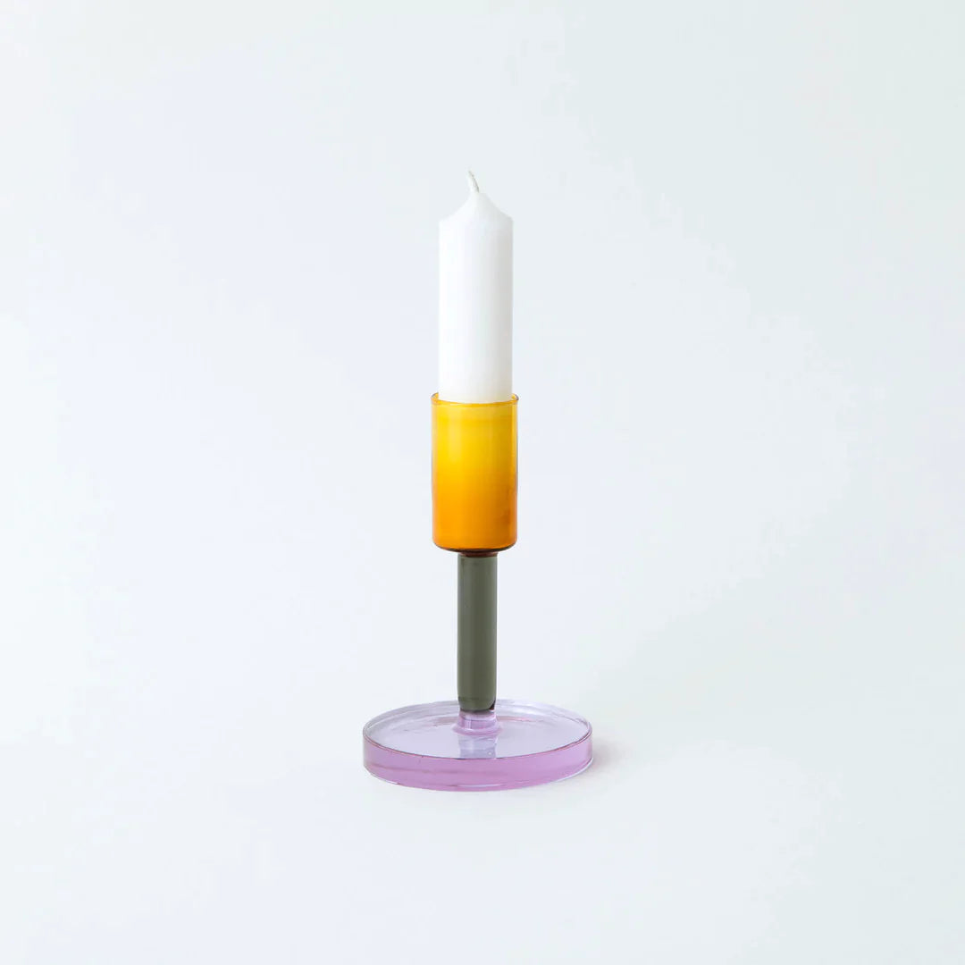Medium Glass Candlestick Holder – Grey / Orange
