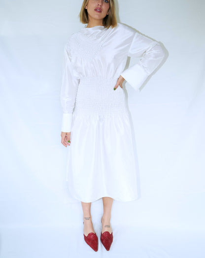 Smocked Long Sleeve Dress - White