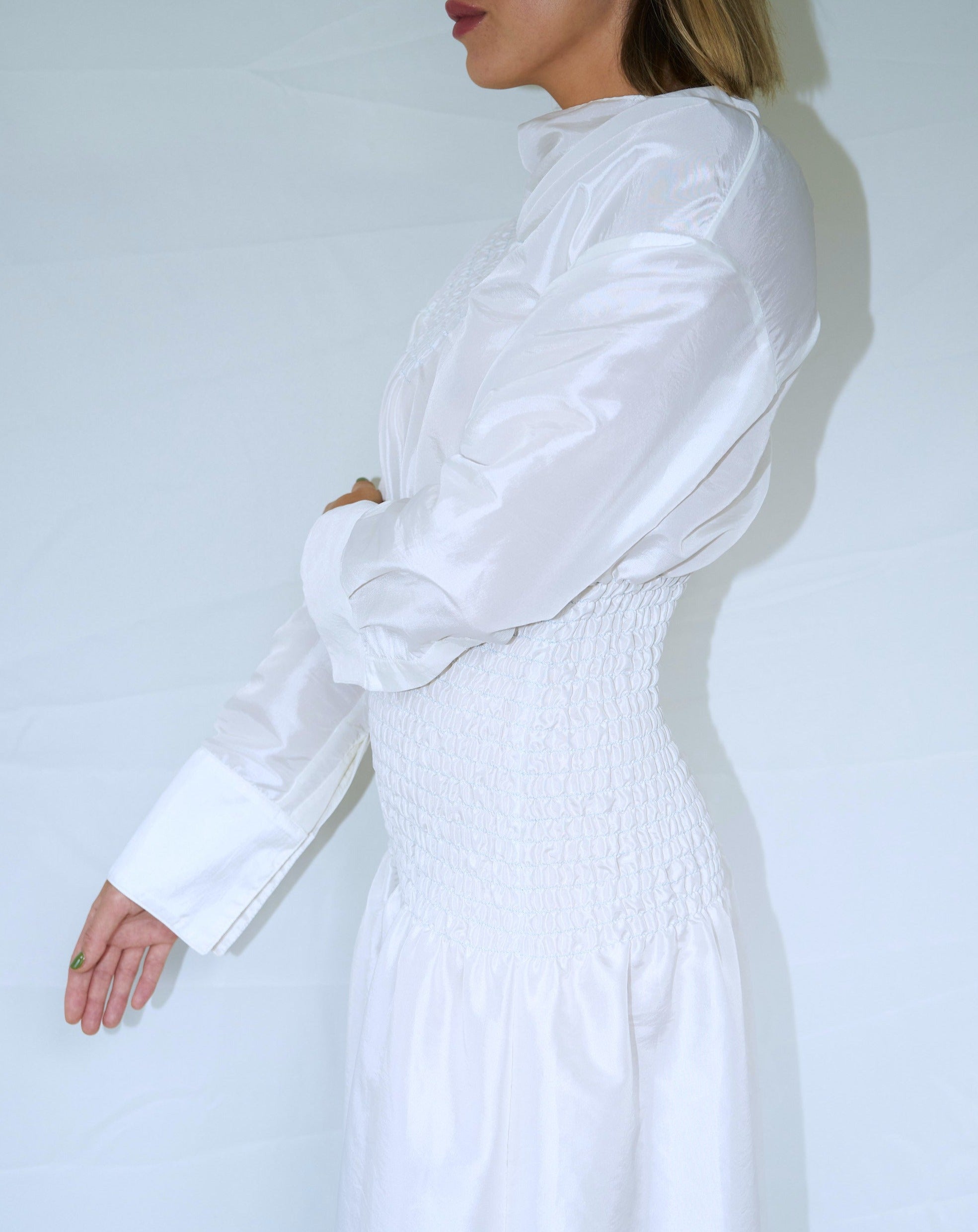 Smocked Long Sleeve Dress - White