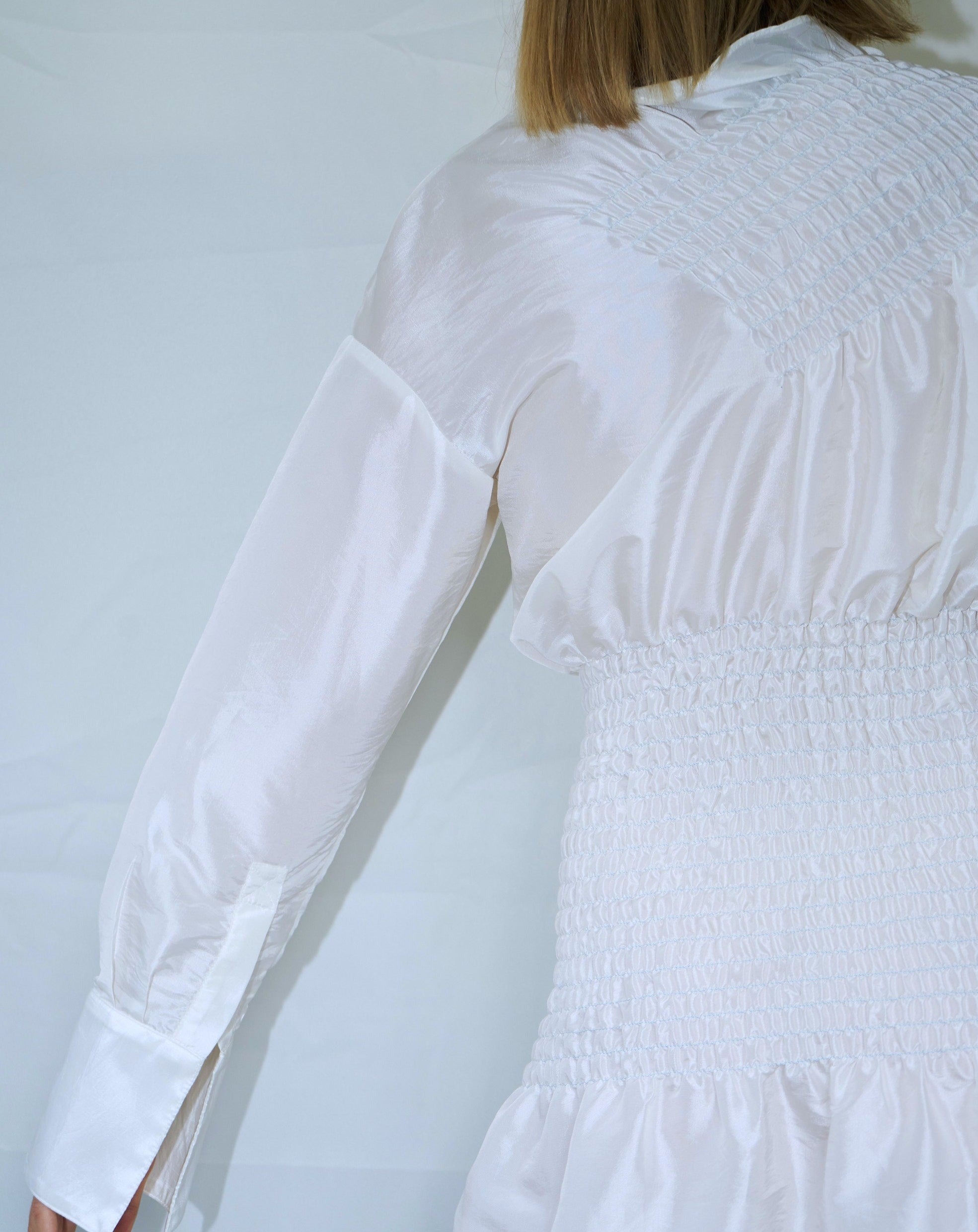 Smocked Long Sleeve Dress - White