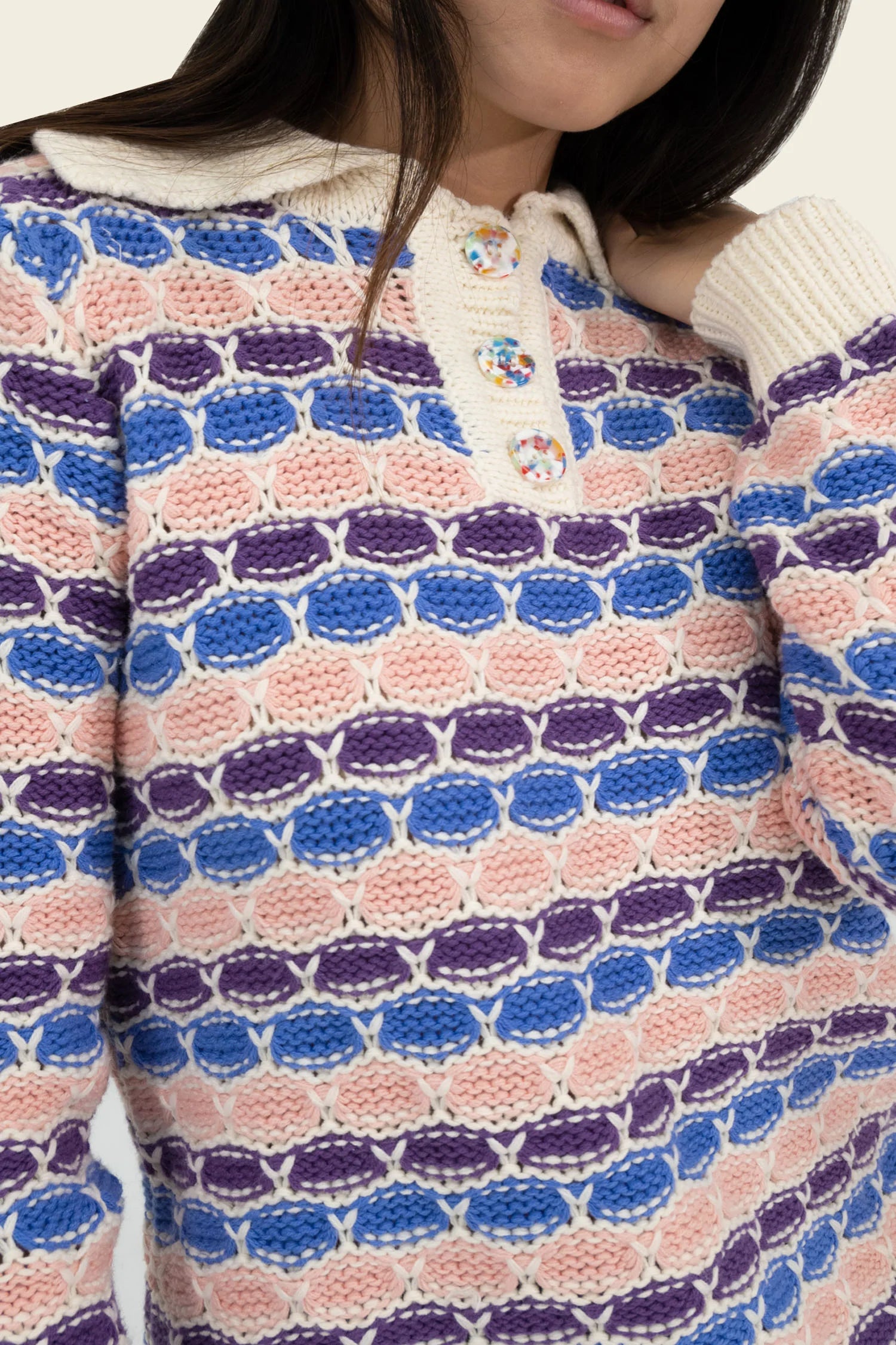 Confetti Crochet Polo Sweater – Bubblegum