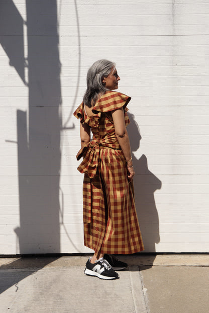 Long Bow Dress - Gold Check