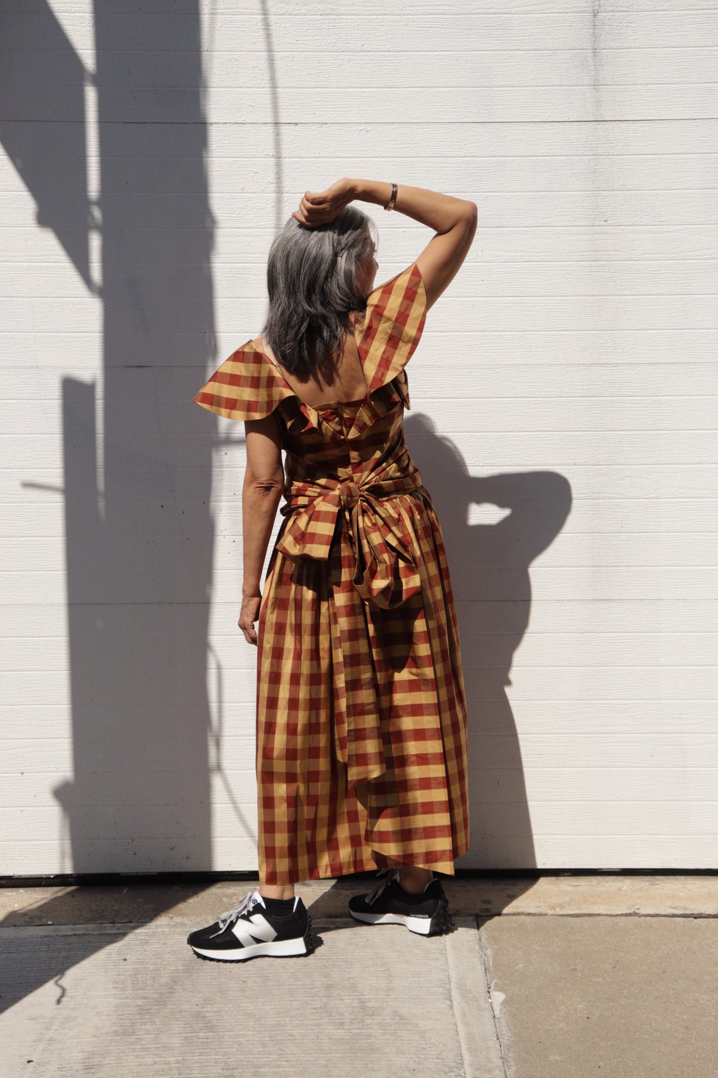 Long Bow Dress - Gold Check