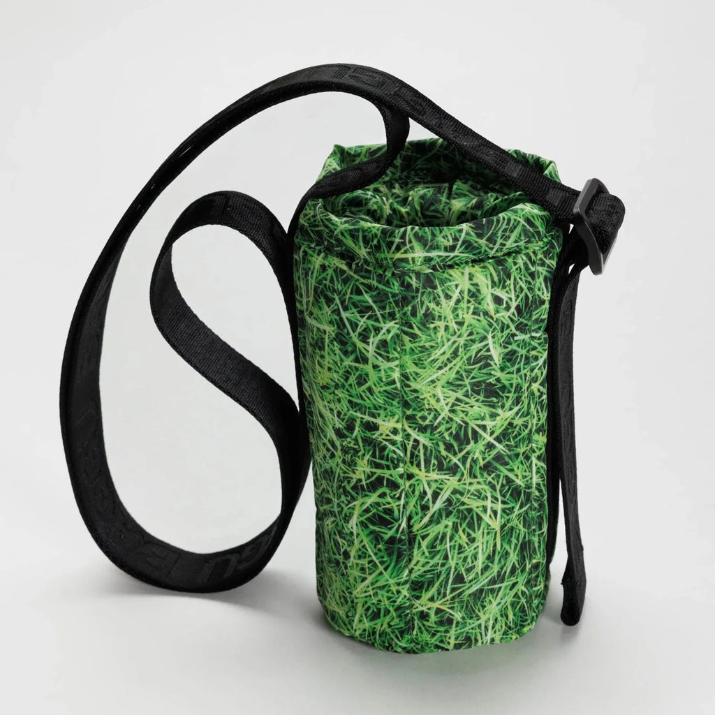 Puffy Water Bottle Sling with Grass Graphic Pattern with Adjustable Black Crossbody Strap with De-bossed "BAGGU" Text 
