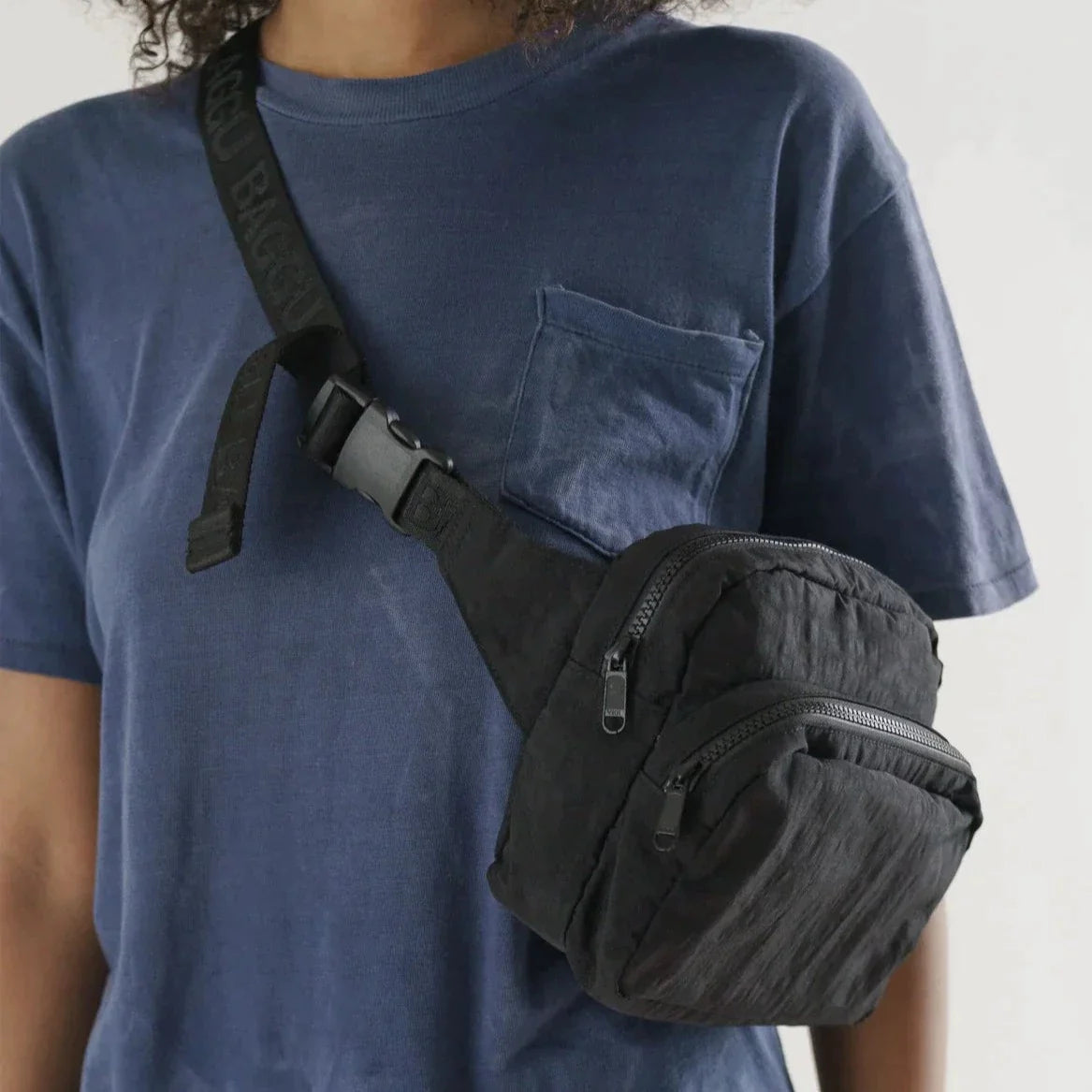 Black Fanny Pack with Black Zippers and Black Strap with De-bossed "BAGGU" text