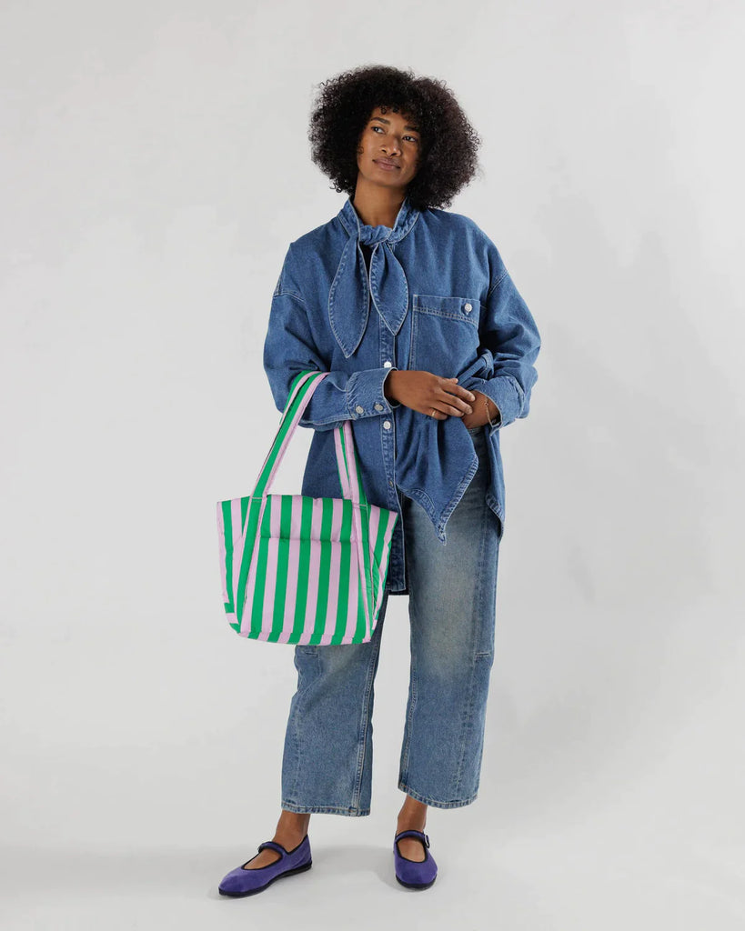 Puffy  Kelly Green and Baby Pink Striped Shoulder Bag