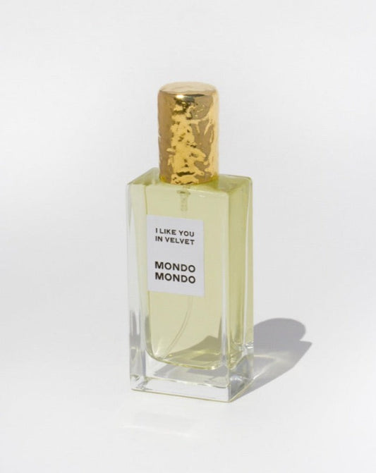 MONDO MONDO Eau de Parfum in I Like you in Velvet, 50ml glass bottle with hammered gold lid. Available at EASE Toronto.